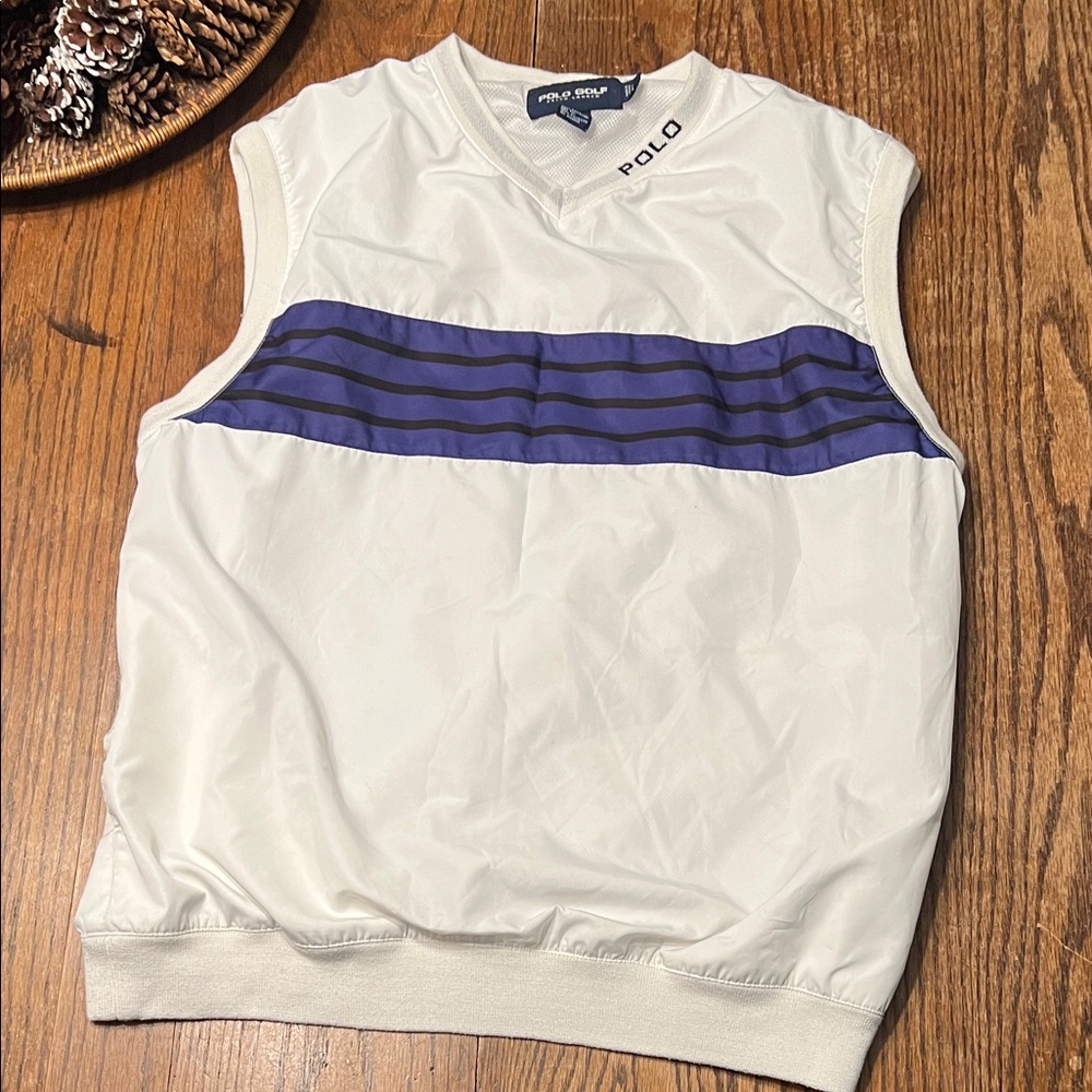 Vintage Polo Golf Ralph Lauren Men's V-Neck Vest in White and Blue